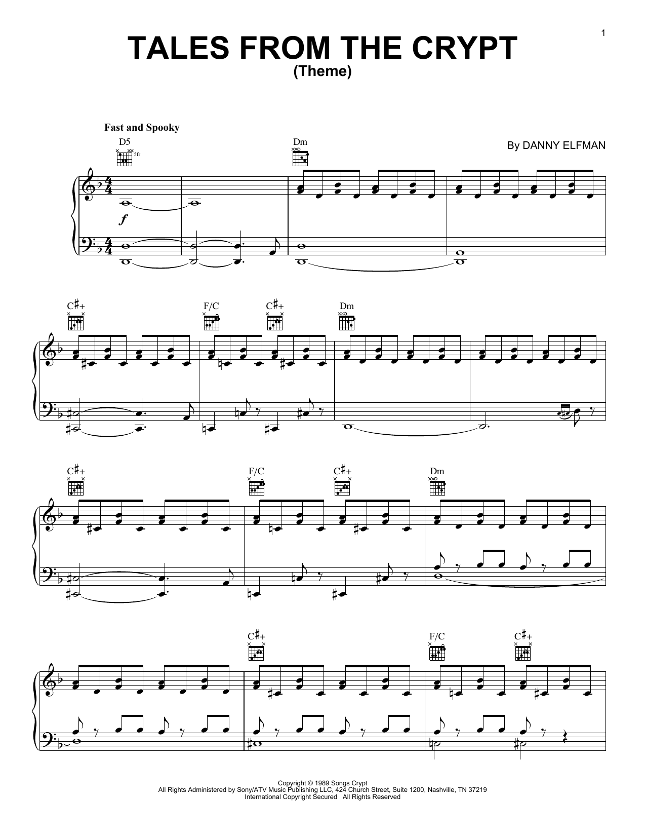 Preview Danny Elfman Tales From The Crypt Theme Children sheet music, notes and chords for Piano, SKU: 51964 Download Danny Elfman Tales From The Crypt Theme sheet music and printable PDF score & Children music notes