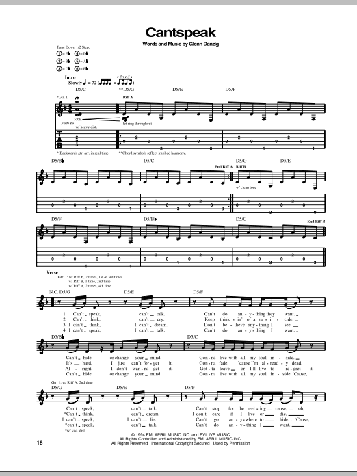 Preview Danzig Cantspeak Pop sheet music, notes and chords for Guitar Tab, SKU: 69290 Download Danzig Cantspeak sheet music and printable PDF score & Pop music notes