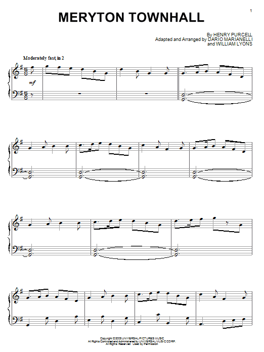 Preview Dario Marianelli Meryton Townhall Film and TV sheet music, notes and chords for Easy Piano, SKU: 55323 Download Dario Marianelli Meryton Townhall sheet music and printable PDF score & Film and TV music notes