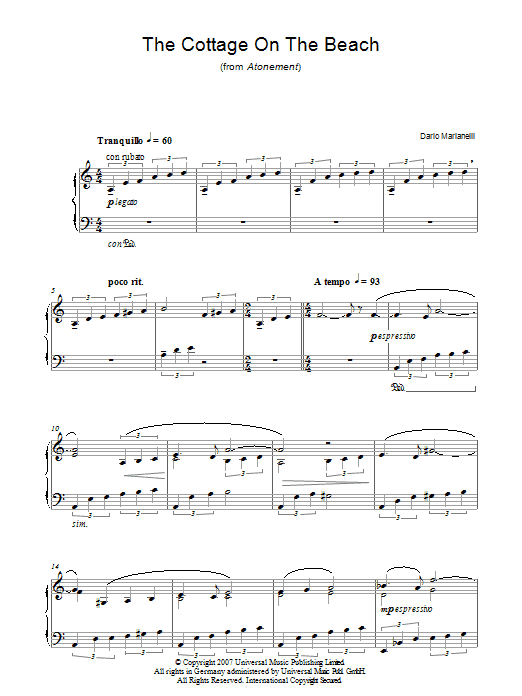 Preview Dario Marianelli The Cottage On The Beach (from Atonement) Film and TV sheet music, notes and chords for Piano, SKU: 40444 Download Dario Marianelli The Cottage On The Beach (from Atonement) sheet music and printable PDF score & Film and TV music notes