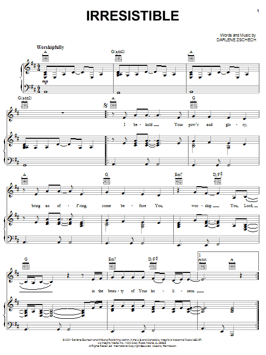 Preview Darlene Zschech Irresistible Pop sheet music, notes and chords for Piano, Vocal & Guitar (Right-Hand Melody), SKU: 51188 sheet music, piano notes, chords, guitar tabs, score, transpose, transcribe, how to play, guide, download, learn, tutorial, progression, song, artist, awards, billboard, mtv, vh1, tour, single, album, release