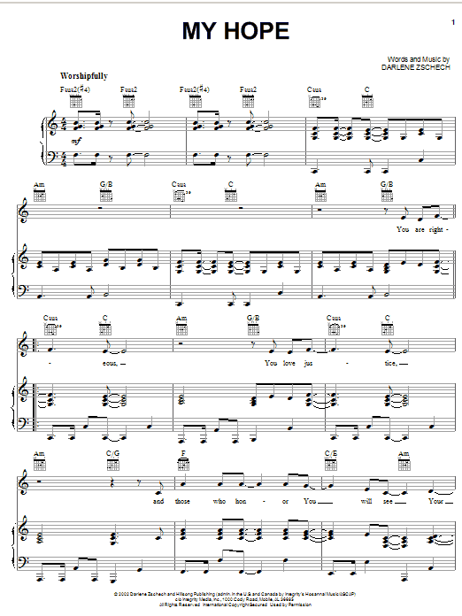 Preview Darlene Zschech My Hope Pop sheet music, notes and chords for Piano, Vocal & Guitar (Right-Hand Melody), SKU: 51190 Download Darlene Zschech My Hope sheet music and printable PDF score & Pop music notes