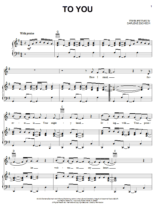 Preview Darlene Zschech To You Pop sheet music, notes and chords for Piano, Vocal & Guitar (Right-Hand Melody), SKU: 51192 sheet music, piano notes, chords, guitar tabs, score, transpose, transcribe, how to play, guide, download, learn, tutorial, progression, song, artist, awards, billboard, mtv, vh1, tour, single, album, release