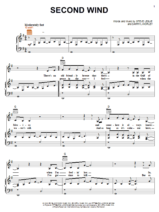 Preview Darryl Worley Second Wind Country sheet music, notes and chords for Piano, Vocal & Guitar (Right-Hand Melody), SKU: 18052 sheet music, piano notes, chords, guitar tabs, score, transpose, transcribe, how to play, guide, download, learn, tutorial, progression, song, artist, awards, billboard, mtv, vh1, tour, single, album, release