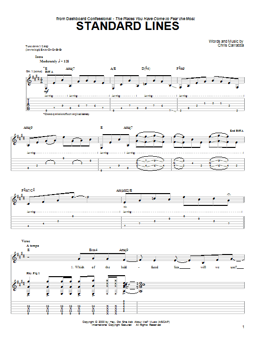 Download Dashboard Confessional Standard Lines sheet music and printable PDF score & Rock music notes
