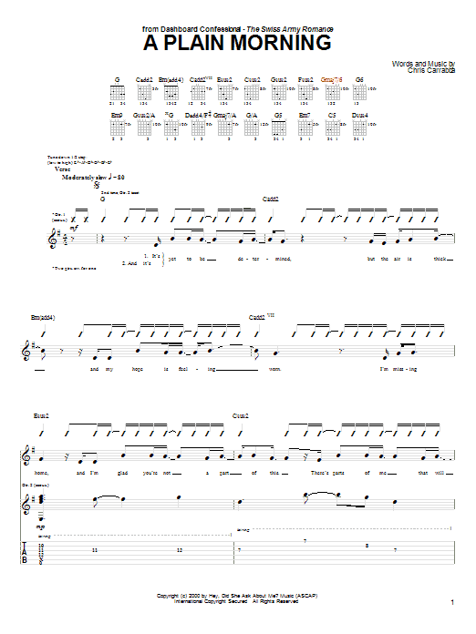 Download Dashboard Confessional A Plain Morning sheet music and printable PDF score & Rock music notes