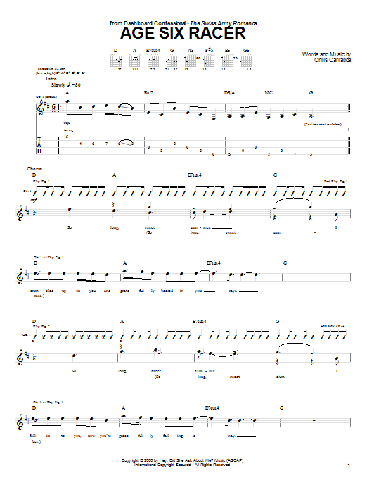 Download Dashboard Confessional Age Six Racer sheet music and printable PDF score & Rock music notes