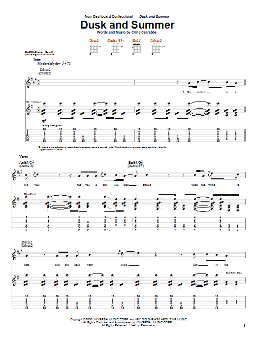 Preview Dashboard Confessional Dusk And Summer Rock sheet music, notes and chords for Guitar Tab, SKU: 58999 sheet music, piano notes, chords, guitar tabs, score, transpose, transcribe, how to play, guide, download, learn, tutorial, progression, song, artist, awards, billboard, mtv, vh1, tour, single, album, release