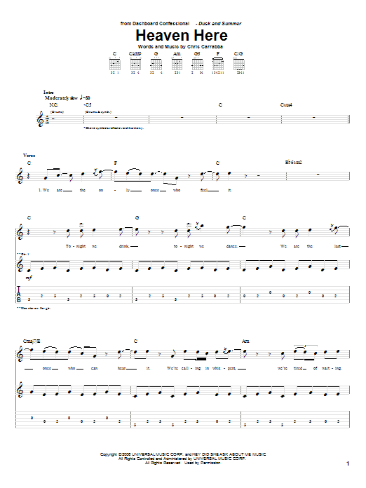 Preview Dashboard Confessional Heaven Here Rock sheet music, notes and chords for Guitar Tab, SKU: 59010 sheet music, piano notes, chords, guitar tabs, score, transpose, transcribe, how to play, guide, download, learn, tutorial, progression, song, artist, awards, billboard, mtv, vh1, tour, single, album, release