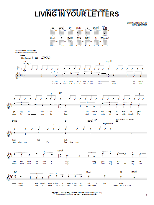 Download Dashboard Confessional Living In Your Letters sheet music and printable PDF score & Rock music notes