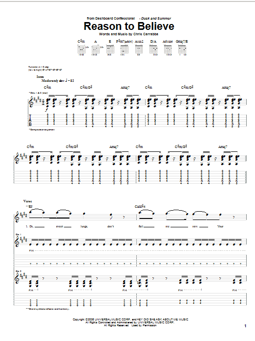 Preview Dashboard Confessional Reason To Believe Rock sheet music, notes and chords for Guitar Tab, SKU: 58995 Download Dashboard Confessional Reason To Believe sheet music and printable PDF score & Rock music notes