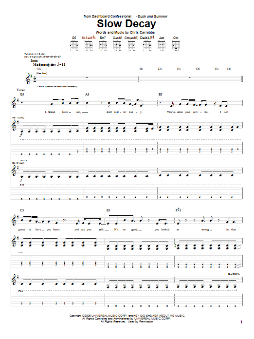 Download Dashboard Confessional Slow Decay sheet music and printable PDF score & Rock music notes