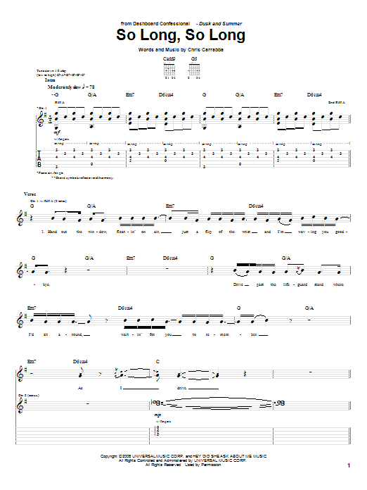 Preview Dashboard Confessional So Long, So Long Rock sheet music, notes and chords for Guitar Tab, SKU: 58993 sheet music, piano notes, chords, guitar tabs, score, transpose, transcribe, how to play, guide, download, learn, tutorial, progression, song, artist, awards, billboard, mtv, vh1, tour, single, album, release