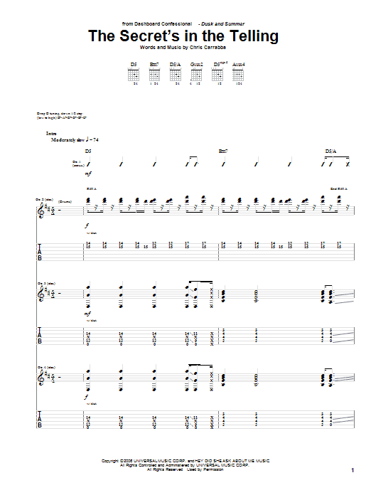 Preview Dashboard Confessional The Secret's In The Telling Rock sheet music, notes and chords for Guitar Tab, SKU: 58997 sheet music, piano notes, chords, guitar tabs, score, transpose, transcribe, how to play, guide, download, learn, tutorial, progression, song, artist, awards, billboard, mtv, vh1, tour, single, album, release