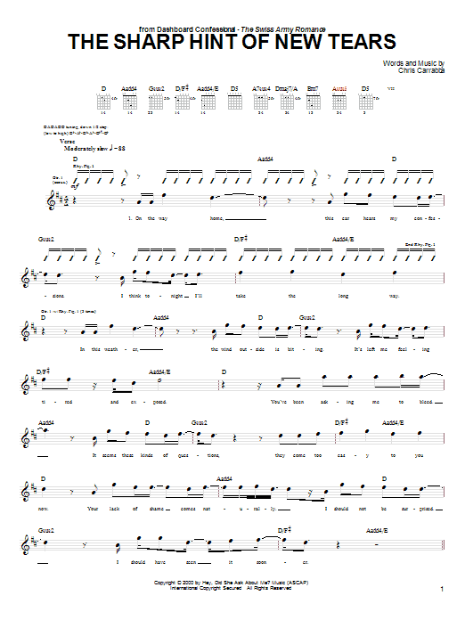 Preview Dashboard Confessional The Sharp Hint Of New Tears Rock sheet music, notes and chords for Guitar Tab, SKU: 55391 Download Dashboard Confessional The Sharp Hint Of New Tears sheet music and printable PDF score & Rock music notes