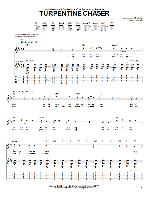 Download Dashboard Confessional Turpentine Chaser sheet music and printable PDF score & Rock music notes