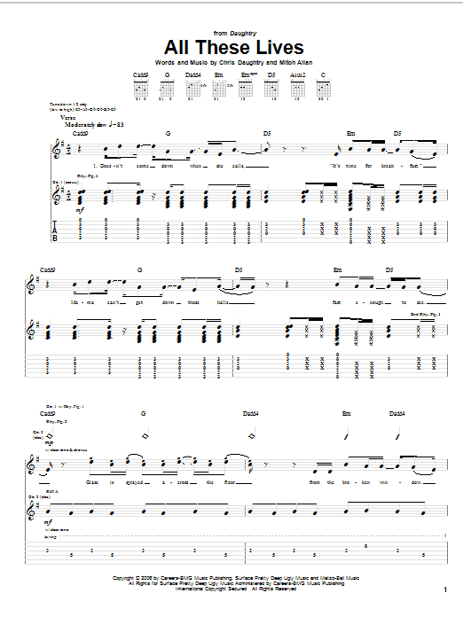 Preview Daughtry All These Lives Rock sheet music, notes and chords for Piano, Vocal & Guitar (Right-Hand Melody), SKU: 62291 sheet music, piano notes, chords, guitar tabs, score, transpose, transcribe, how to play, guide, download, learn, tutorial, progression, song, artist, awards, billboard, mtv, vh1, tour, single, album, release