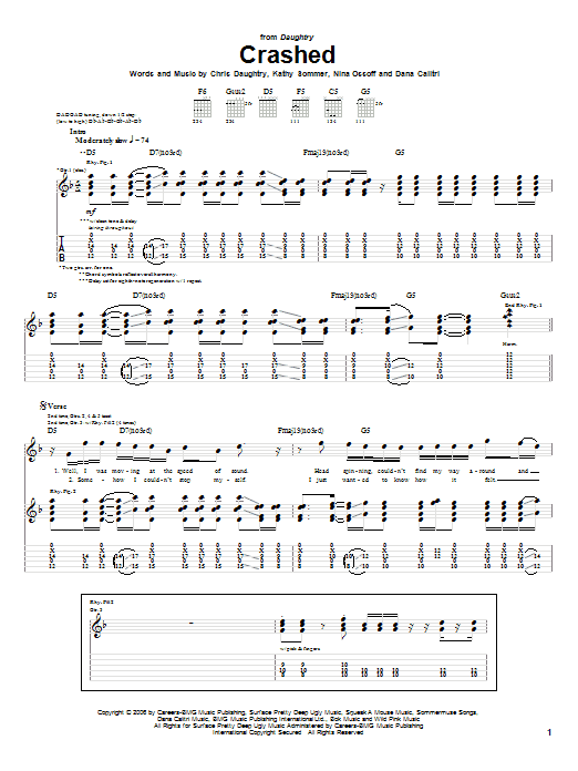 Preview Daughtry Crashed Rock sheet music, notes and chords for Piano, Vocal & Guitar (Right-Hand Melody), SKU: 62293 sheet music, piano notes, chords, guitar tabs, score, transpose, transcribe, how to play, guide, download, learn, tutorial, progression, song, artist, awards, billboard, mtv, vh1, tour, single, album, release