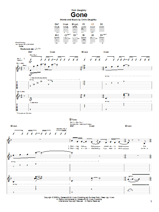 Preview Daughtry Gone Rock sheet music, notes and chords for Piano, Vocal & Guitar (Right-Hand Melody), SKU: 62297 sheet music, piano notes, chords, guitar tabs, score, transpose, transcribe, how to play, guide, download, learn, tutorial, progression, song, artist, awards, billboard, mtv, vh1, tour, single, album, release