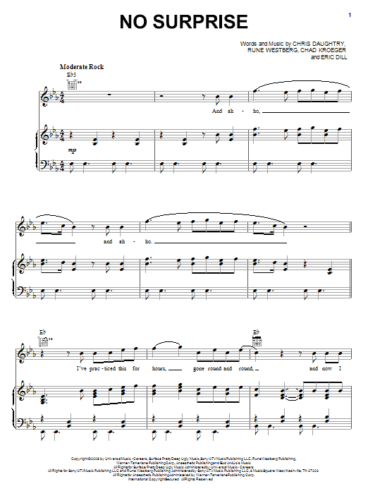 Preview Daughtry No Surprise Rock sheet music, notes and chords for Guitar Tab, SKU: 72664 sheet music, piano notes, chords, guitar tabs, score, transpose, transcribe, how to play, guide, download, learn, tutorial, progression, song, artist, awards, billboard, mtv, vh1, tour, single, album, release