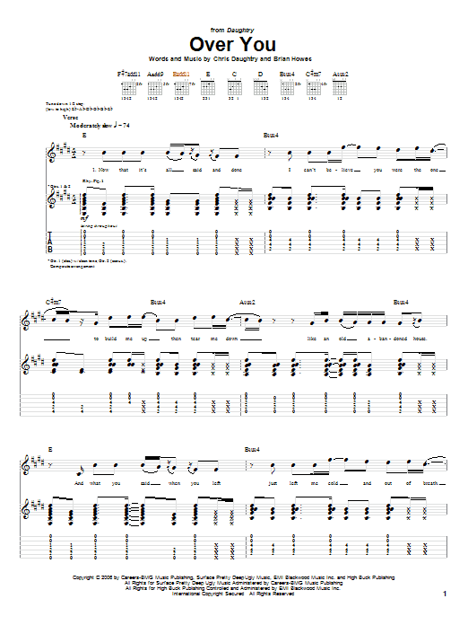 Preview Daughtry Over You Rock sheet music, notes and chords for Piano, Vocal & Guitar (Right-Hand Melody), SKU: 62294 sheet music, piano notes, chords, guitar tabs, score, transpose, transcribe, how to play, guide, download, learn, tutorial, progression, song, artist, awards, billboard, mtv, vh1, tour, single, album, release