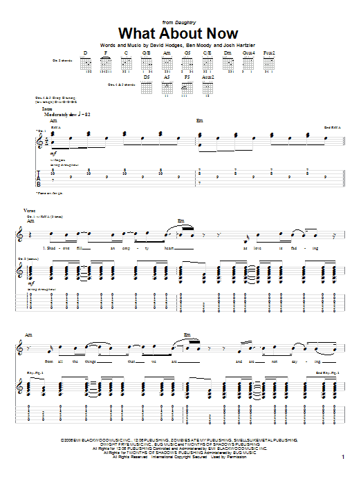 Preview Daughtry What About Now Rock sheet music, notes and chords for Easy Guitar Tab, SKU: 72813 Download Daughtry What About Now sheet music and printable PDF score & Rock music notes