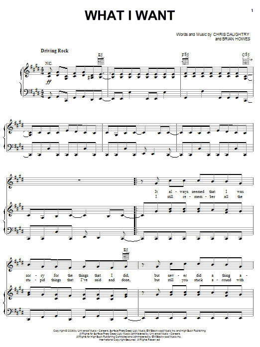 Preview Daughtry What I Want (feat. Slash) Rock sheet music, notes and chords for Piano, Vocal & Guitar (Right-Hand Melody), SKU: 62295 sheet music, piano notes, chords, guitar tabs, score, transpose, transcribe, how to play, guide, download, learn, tutorial, progression, song, artist, awards, billboard, mtv, vh1, tour, single, album, release