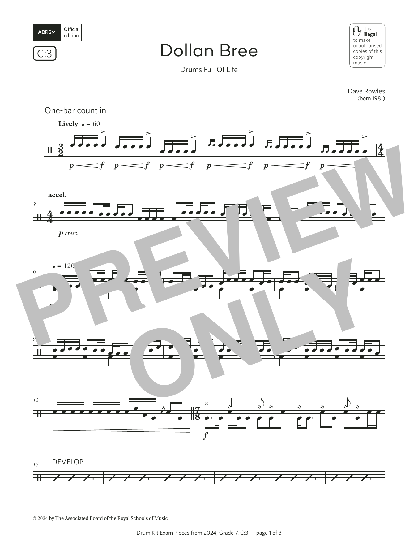 Dave Rowles Dollan Bree (Drums Full Of Life) (Grade 7, list C3, from the ABRSM Drum Kit Syllabus 2024) Sheet Music & Chords for Drums - Download or Print PDF