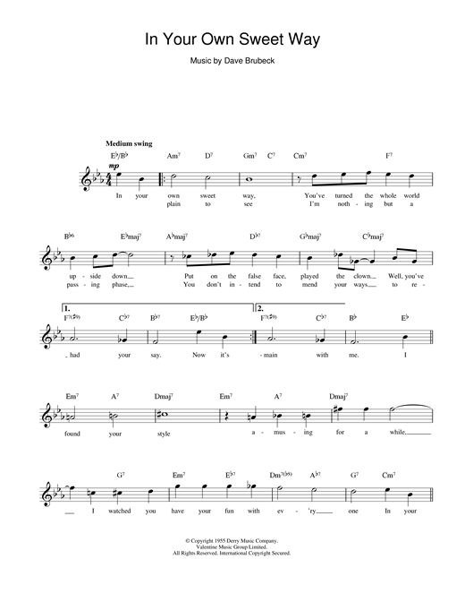 Preview Dave Brubeck In Your Own Sweet Way Jazz sheet music, notes and chords for Melody Line, Lyrics & Chords, SKU: 14067 sheet music, piano notes, chords, guitar tabs, score, transpose, transcribe, how to play, guide, download, learn, tutorial, progression, song, artist, awards, billboard, mtv, vh1, tour, single, album, release