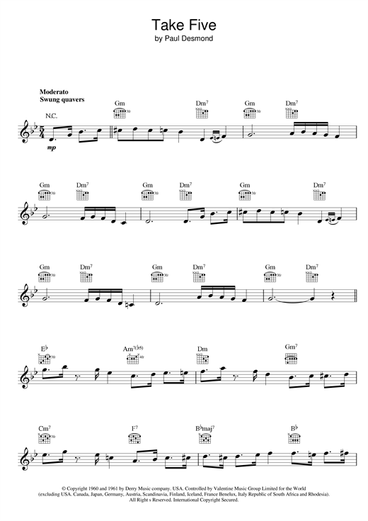 Download Dave Brubeck Take Five sheet music and printable PDF score & Jazz music notes