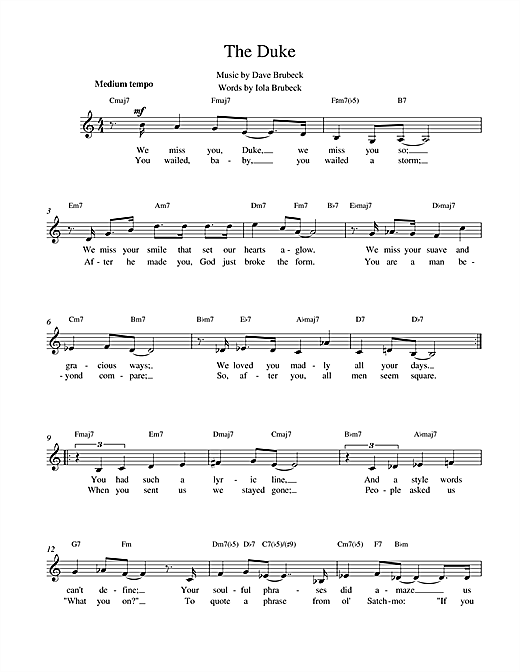 Download Dave Brubeck The Duke sheet music and printable PDF score & Jazz music notes