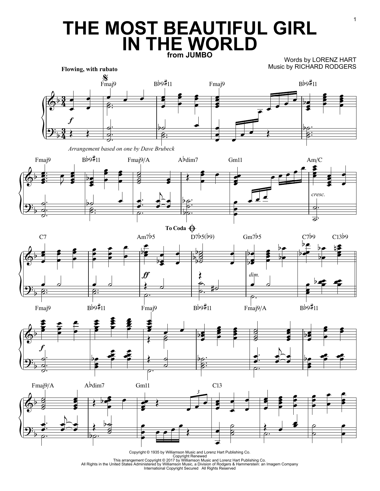 Dave Brubeck The Most Beautiful Girl In The World Sheet Music Download Printable Jazz Pdf Piano Solo Score Sku 181219