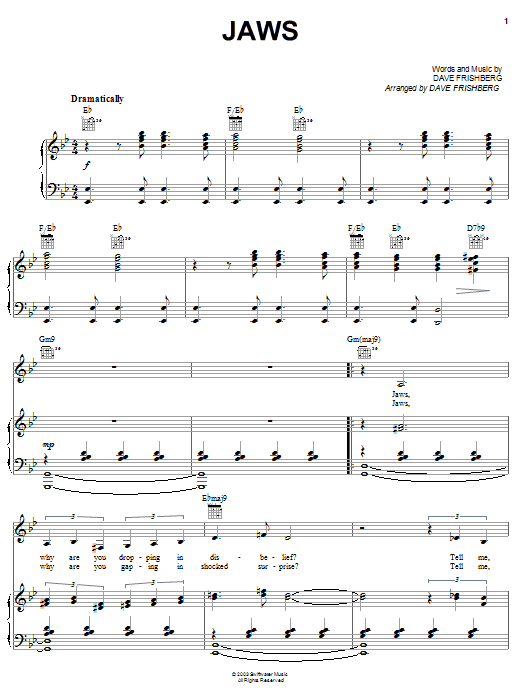 Preview Dave Frishberg Jaws Pop sheet music, notes and chords for Piano, Vocal & Guitar (Right-Hand Melody), SKU: 51212 sheet music, piano notes, chords, guitar tabs, score, transpose, transcribe, how to play, guide, download, learn, tutorial, progression, song, artist, awards, billboard, mtv, vh1, tour, single, album, release