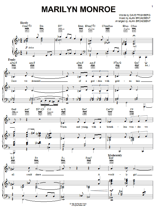 Preview Dave Frishberg Marilyn Monroe Pop sheet music, notes and chords for Piano, Vocal & Guitar (Right-Hand Melody), SKU: 51267 sheet music, piano notes, chords, guitar tabs, score, transpose, transcribe, how to play, guide, download, learn, tutorial, progression, song, artist, awards, billboard, mtv, vh1, tour, single, album, release