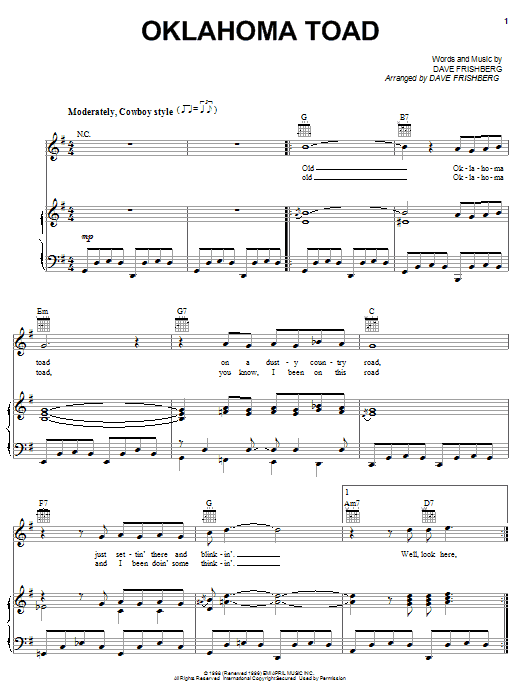 Preview Dave Frishberg Oklahoma Toad Pop sheet music, notes and chords for Piano, Vocal & Guitar (Right-Hand Melody), SKU: 51262 sheet music, piano notes, chords, guitar tabs, score, transpose, transcribe, how to play, guide, download, learn, tutorial, progression, song, artist, awards, billboard, mtv, vh1, tour, single, album, release