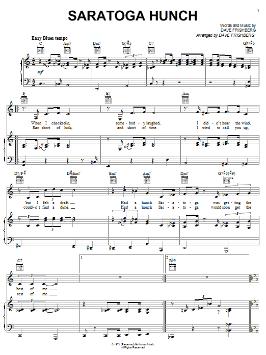 Preview Dave Frishberg Saratoga Hunch Pop sheet music, notes and chords for Piano, Vocal & Guitar (Right-Hand Melody), SKU: 51268 sheet music, piano notes, chords, guitar tabs, score, transpose, transcribe, how to play, guide, download, learn, tutorial, progression, song, artist, awards, billboard, mtv, vh1, tour, single, album, release