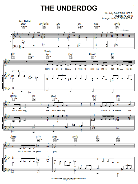 Preview Dave Frishberg The Underdog Pop sheet music, notes and chords for Piano, Vocal & Guitar (Right-Hand Melody), SKU: 51270 sheet music, piano notes, chords, guitar tabs, score, transpose, transcribe, how to play, guide, download, learn, tutorial, progression, song, artist, awards, billboard, mtv, vh1, tour, single, album, release