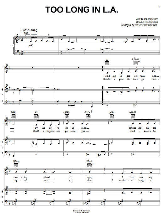 Preview Dave Frishberg Too Long In L.A. Pop sheet music, notes and chords for Piano, Vocal & Guitar (Right-Hand Melody), SKU: 51278 Download Dave Frishberg Too Long In L.A. sheet music and printable PDF score & Pop music notes
