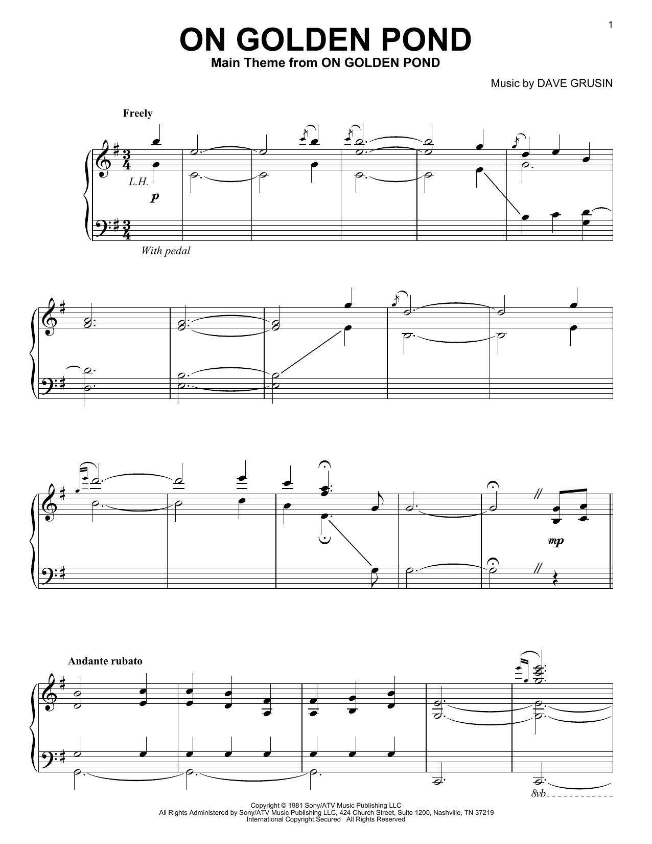 Preview Dave Grusin On Golden Pond Pop sheet music, notes and chords for Piano, SKU: 52009 Download Dave Grusin On Golden Pond sheet music and printable PDF score & Pop music notes