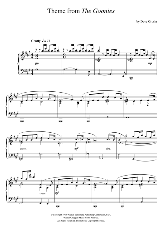 Preview Dave Grusin The Goonies (Theme) Film and TV sheet music, notes and chords for Piano, SKU: 120790 sheet music, piano notes, chords, guitar tabs, score, transpose, transcribe, how to play, guide, download, learn, tutorial, progression, song, artist, awards, billboard, mtv, vh1, tour, single, album, release