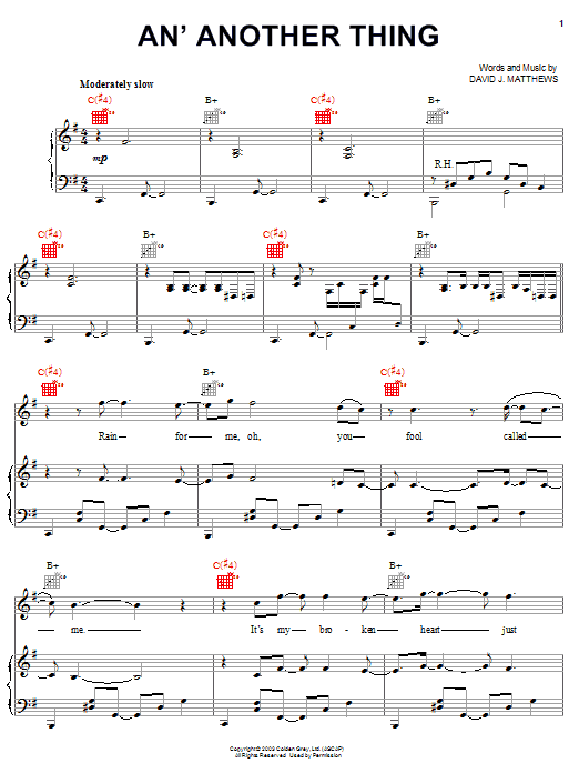 Preview Dave Matthews An' Another Thing Rock sheet music, notes and chords for Piano, Vocal & Guitar (Right-Hand Melody), SKU: 72450 Download Dave Matthews An' Another Thing sheet music and printable PDF score & Rock music notes