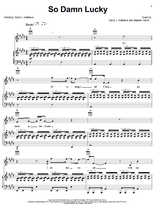 Download Dave Matthews So Damn Lucky sheet music and printable PDF score & Rock music notes
