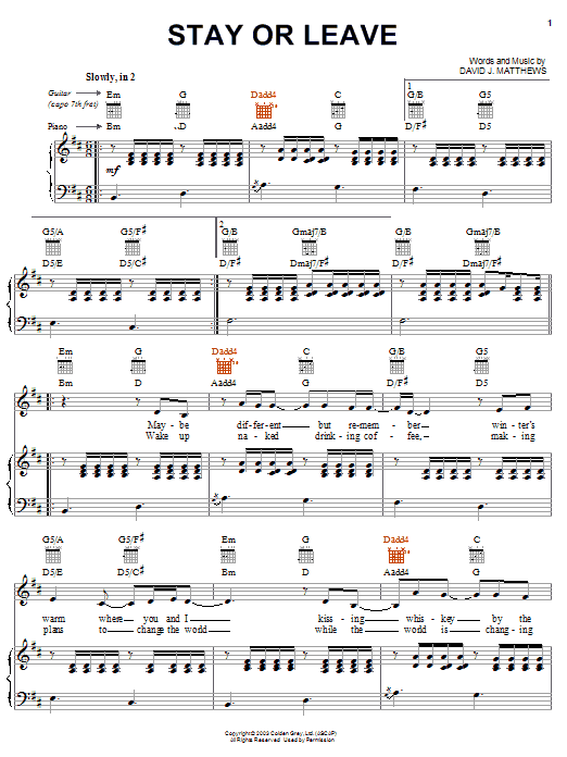 Download Dave Matthews Stay or Leave sheet music and printable PDF score & Rock music notes