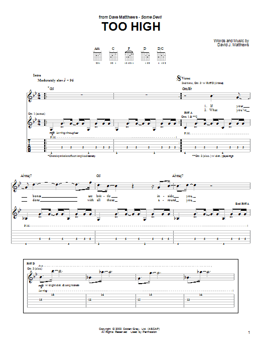 Download Dave Matthews Too High sheet music and printable PDF score & Rock music notes