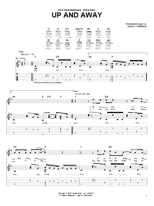 Preview Dave Matthews Up and Away Rock sheet music, notes and chords for Guitar Tab, SKU: 72439 sheet music, piano notes, chords, guitar tabs, score, transpose, transcribe, how to play, guide, download, learn, tutorial, progression, song, artist, awards, billboard, mtv, vh1, tour, single, album, release
