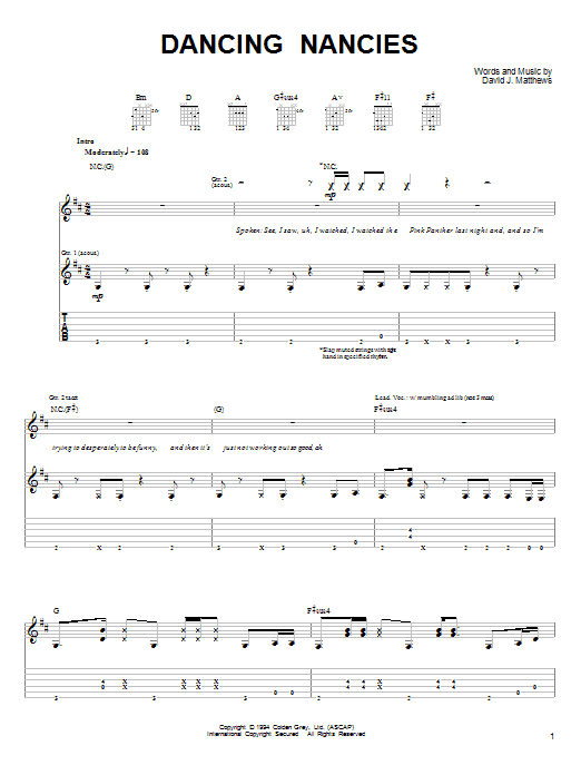 Download Dave Matthews & Tim Reynolds Dancing Nancies sheet music and printable PDF score & Rock music notes