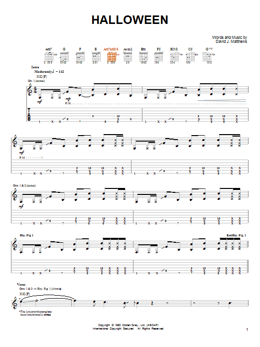Preview Dave Matthews & Tim Reynolds Halloween Children sheet music, notes and chords for Guitar Tab, SKU: 72452 Download Dave Matthews & Tim Reynolds Halloween sheet music and printable PDF score & Children music notes