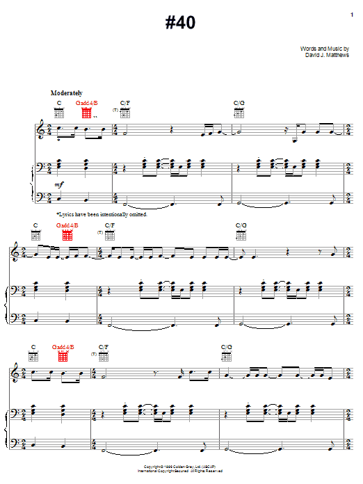 Preview Dave Matthews Band #40 Rock sheet music, notes and chords for Piano, Vocal & Guitar (Right-Hand Melody), SKU: 72437 sheet music, piano notes, chords, guitar tabs, score, transpose, transcribe, how to play, guide, download, learn, tutorial, progression, song, artist, awards, billboard, mtv, vh1, tour, single, album, release