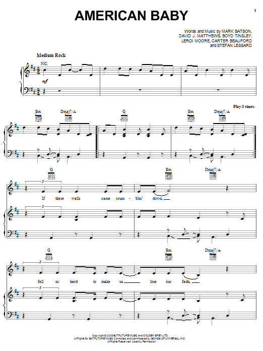 Preview Dave Matthews Band American Baby Rock sheet music, notes and chords for Piano, Vocal & Guitar (Right-Hand Melody), SKU: 51857 Download Dave Matthews Band American Baby sheet music and printable PDF score & Rock music notes
