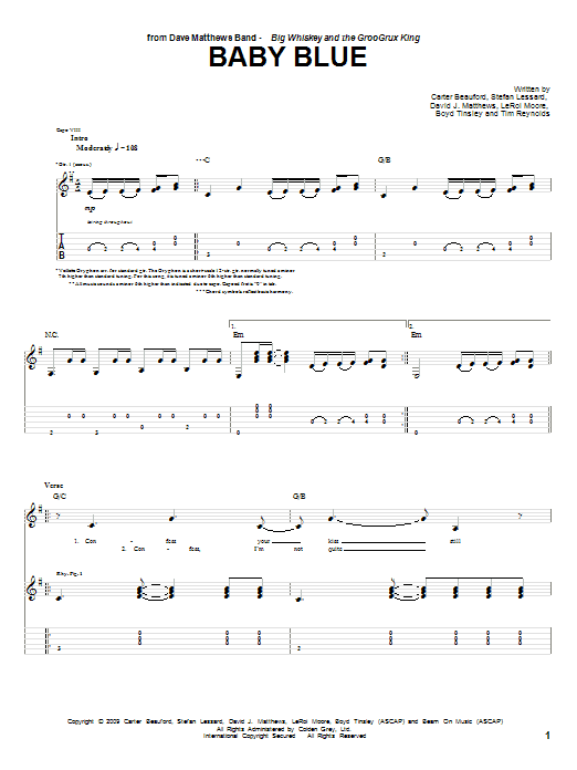 Preview Dave Matthews Band Baby Blue Rock sheet music, notes and chords for Guitar Tab, SKU: 72738 sheet music, piano notes, chords, guitar tabs, score, transpose, transcribe, how to play, guide, download, learn, tutorial, progression, song, artist, awards, billboard, mtv, vh1, tour, single, album, release